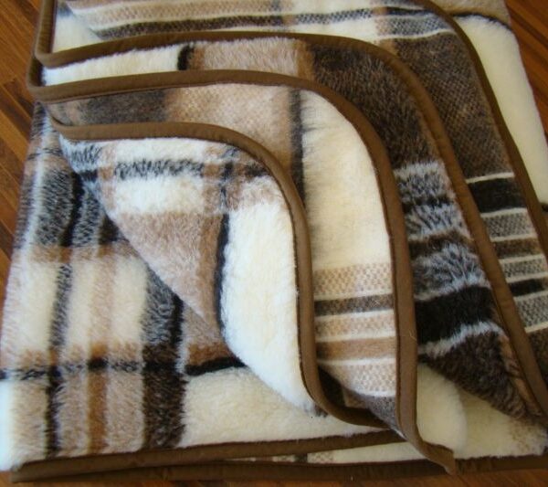 1681 Koc wełniany Merynos Krata Brąz 140x200
