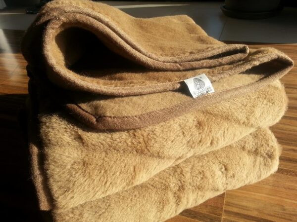 Koc wełniany Camel z wełny wielbłądziej CIEMNY PASY 140x200